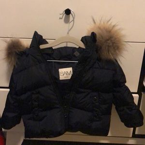 Navy blue Down coat with fur collar 18-24 mths